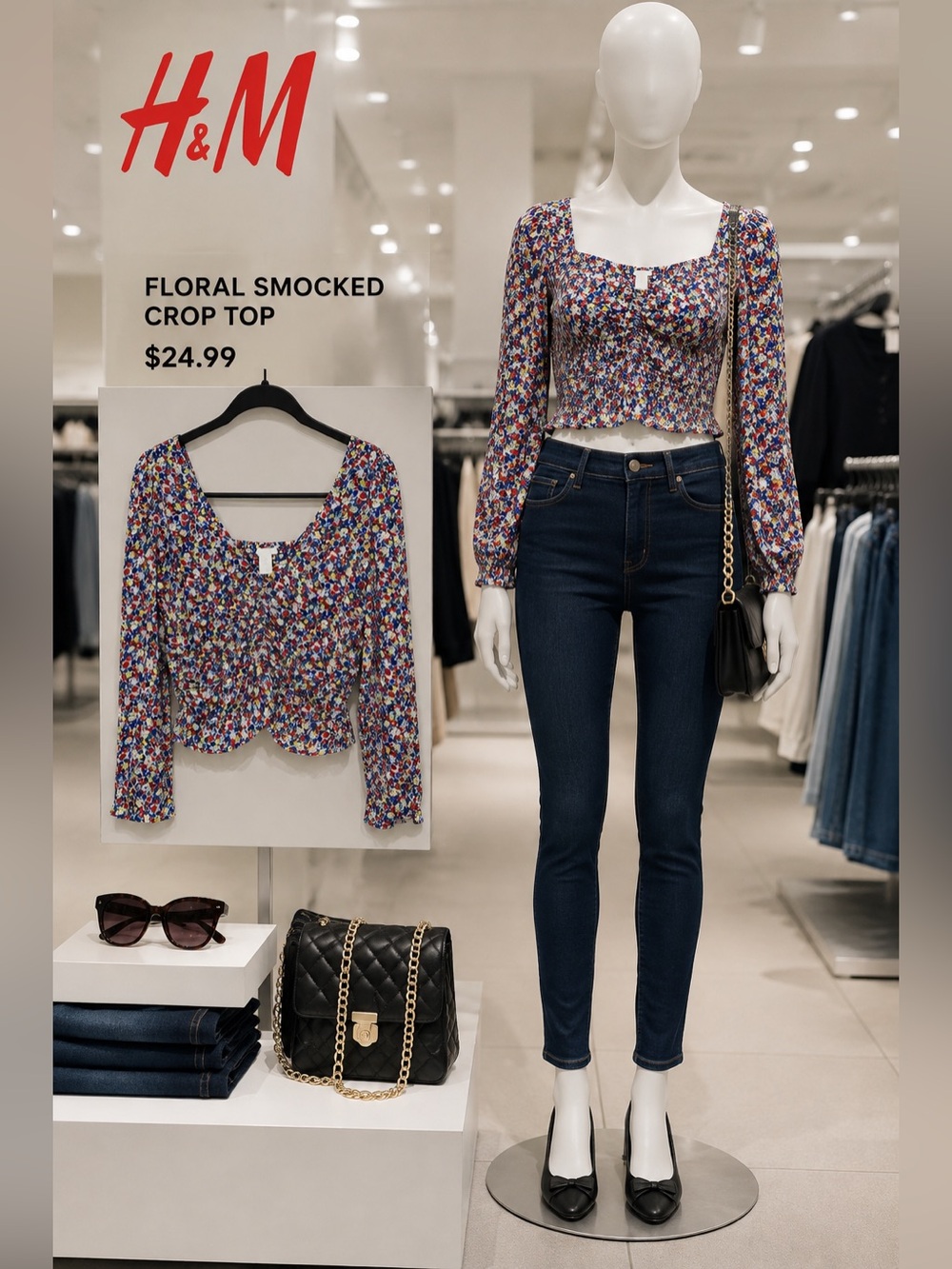 H&M | Floral Ruched Long-Sleeve Crop Top - Multicolor